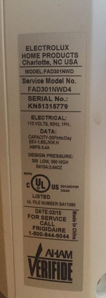 The label on the dehumidifier that freed us from the recall hassle.